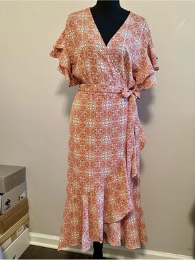 Max Studio Coral Patterned Wrap Maxi Dress